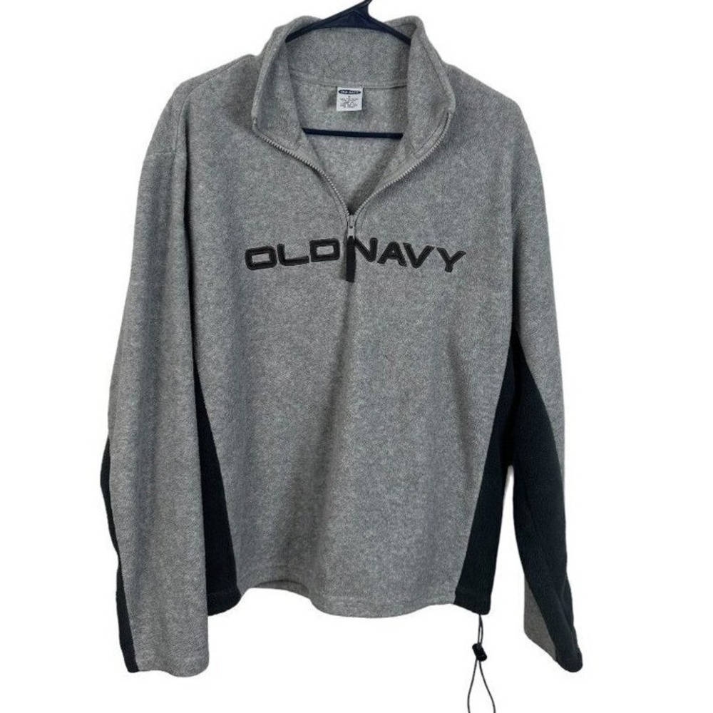 Vintage Old Navy Fleece‎ Quarter Zip Pullover Grey Black Spellout Logo Small